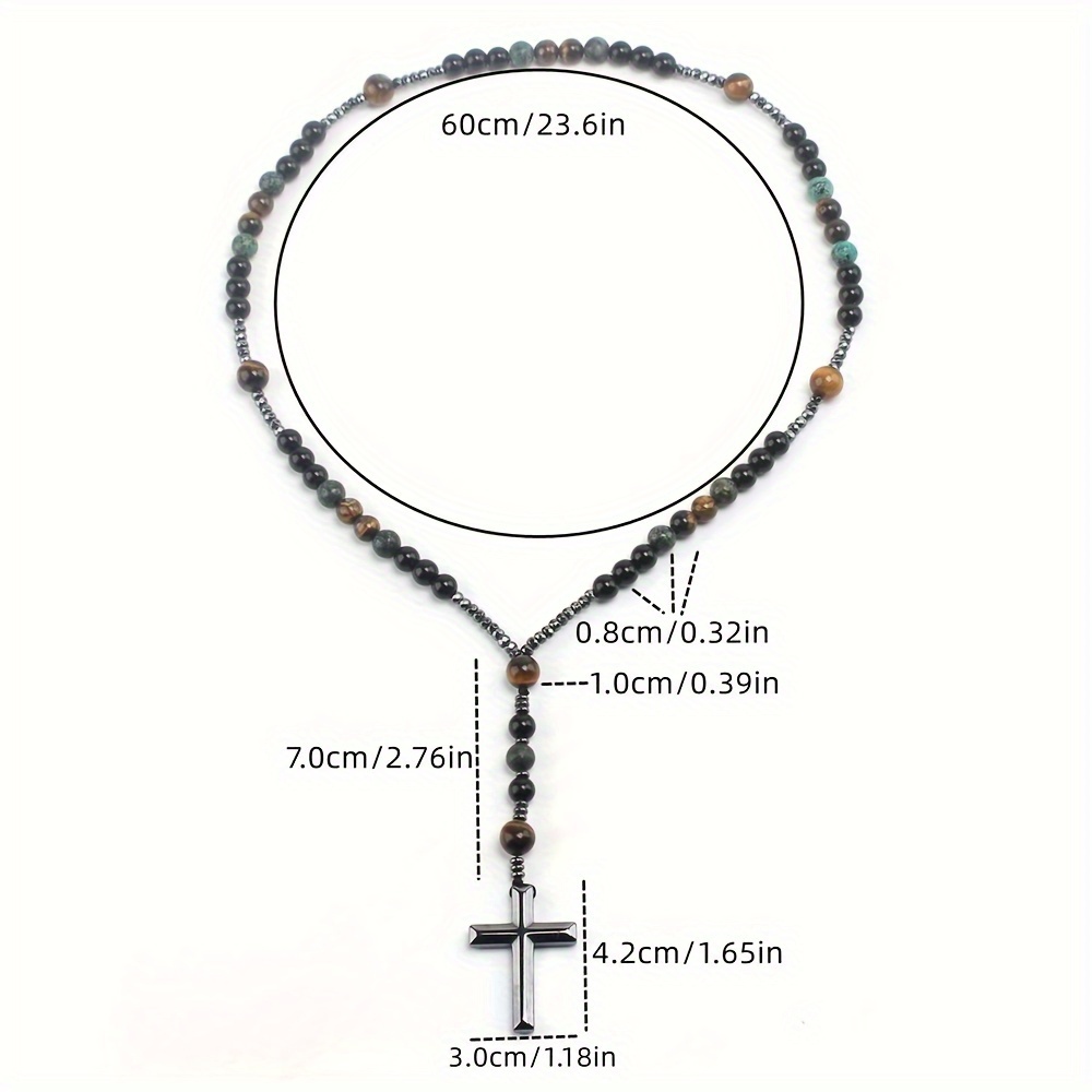 Men's Obsidian Tiger Eye Cross Pendant Necklace, Beaded